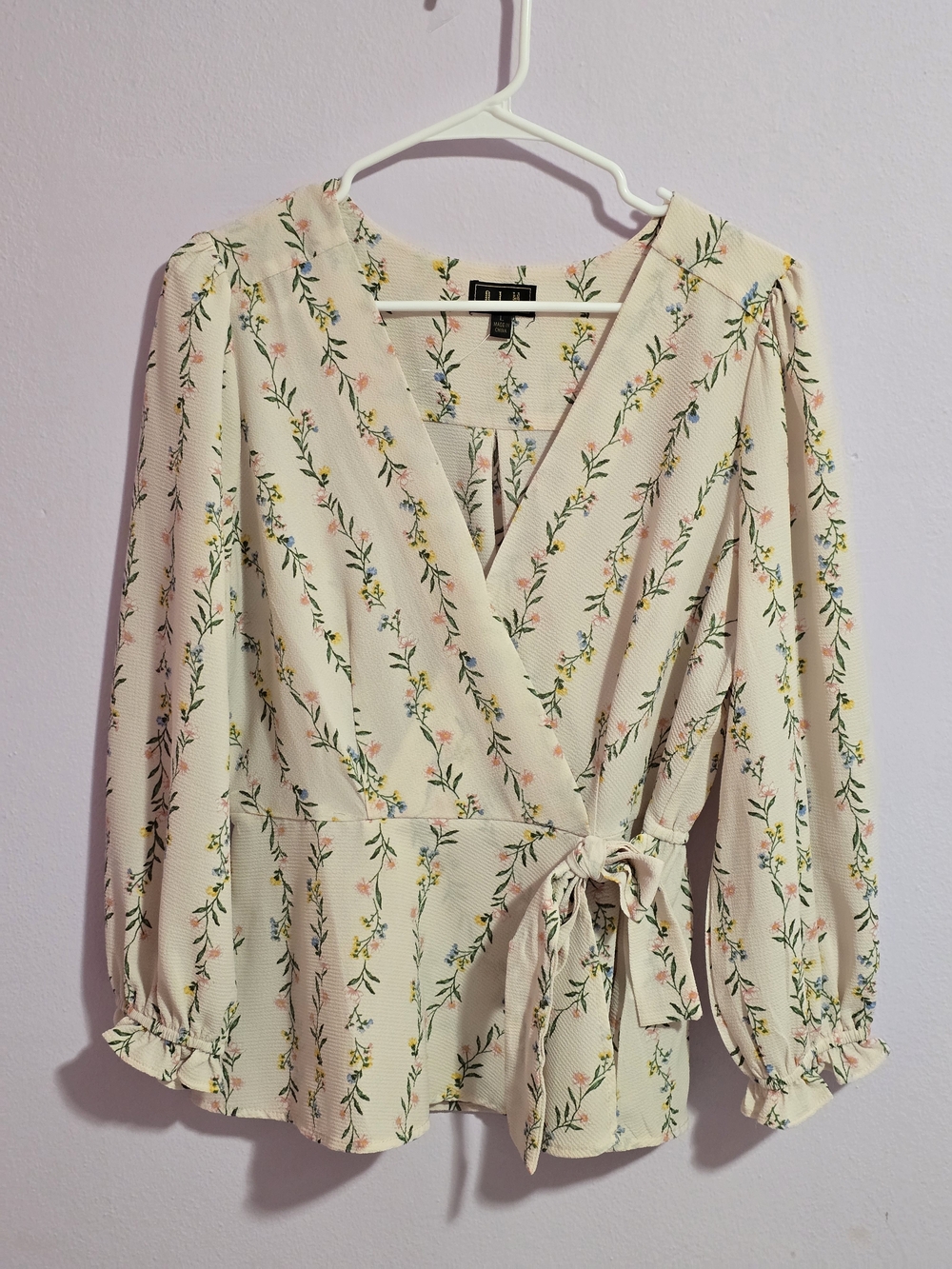 Floral Wrap Blouse in Cream with Tie Waist